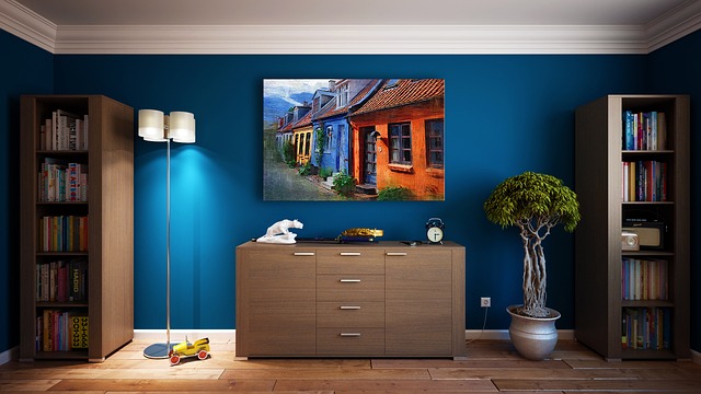 obývací pokoj s modrou stěnou a bílou zásuvkou